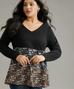 Ditsy Floral Colorblock Contrast Ruffle Hem T-shirt -Clothing Shop 190401254 xf