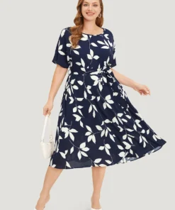 Leaf Print Pocket Belted Dress -Clothing Shop 190707859 uy