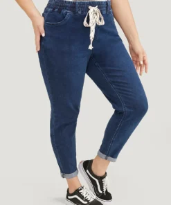 Moderately Stretchy High Rise Dark Wash Roll Hem Drawstring Jeans -Clothing Shop 190951369 fa