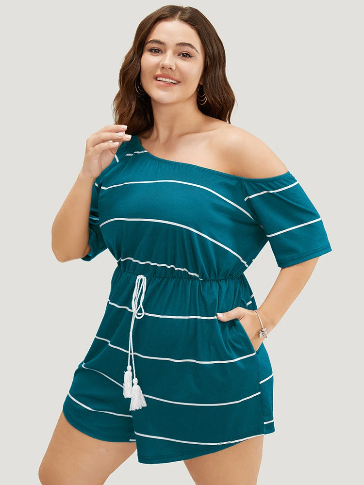Striped Print Knot Pocket Tassels One Shoulder Romper 14 Striped Print Knot Pocket Tassels One Shoulder Romper - Image 12