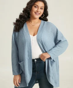 Plain Waffle Knit Pocket Asymmetrical Hem Cover Up -Clothing Shop 191596409 ay