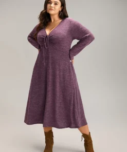 Solid Ruched Drawstring Bowknot Pocket Dress