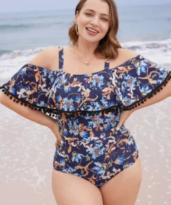 Floral Pompom Trim Cold Shoulder One Piece Swimsuit -Clothing Shop 192738402 fl