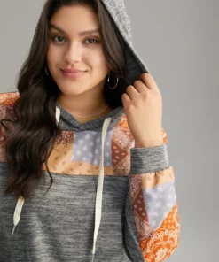 Boho Print Contrast Heather Hooded Sweatshirt -Clothing Shop 193910765 pm