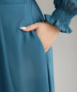 Chiffon Square Neck Shirred Lantern Sleeve Split Hem Dress -Clothing Shop 194057459 xr