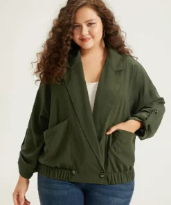 Lapel Collar Solid Gathered Tab Sleeve Jacket -Clothing Shop 194411163 yx