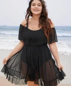 Plain Mesh Ruffle Trim Cold Shoulder Swim Dress -Clothing Shop 194639412 kp