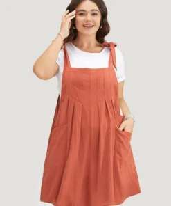Solid Pleated Hem Pocket Tie Shoulder Overall Dress