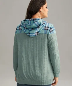 Plaid Patchwork Contrast Texture Hooded Sweatshirt -Clothing Shop 194899896 qz