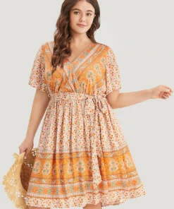 Bandana Print Belted Pocket Flutter Surplice Neck Knee Dress