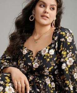 Floral Print Notched Frill Trim Gathered Shirred Dress 13 Floral Print Notched Frill Trim Gathered Shirred Dress -Clothing Shop 195664058 nq