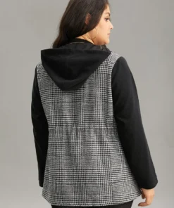 Houndstooth Patchwork Zipper Drawstring Coat -Clothing Shop 196242079 nc