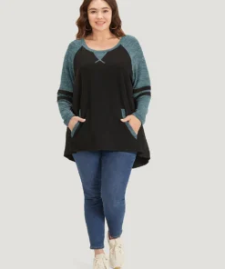 Striped Contrast Pocket Raglan Sleeve High Low Hem Sweatshirt -Clothing Shop 198244143 bk 27e571be 91cd 449b b4d4 81cd2f218d95