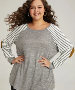 Striped Raglan Sleeve Patched Split Side T-shirt
