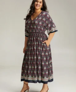 Bandana Print Batwing Sleeve Shirred Dress -Clothing Shop 198593030 hb