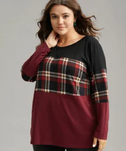 Plaid Contrast Patchwork Round Neck T-shirt -Clothing Shop 198717645 pp