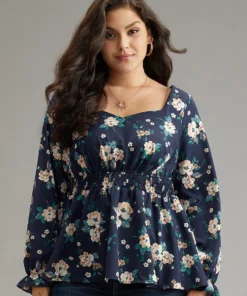 Floral Square Neck Shirred Lantern Sleeve Blouse