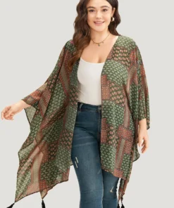 Bandana Print Tassels Trim Asymmetrical Hem Kimono