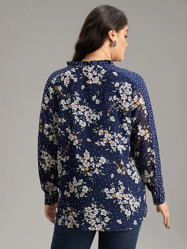 Chiffon Floral Polka Dot Patchwork Frill Trim Mesh Blouse 4 Chiffon Floral Polka Dot Patchwork Frill Trim Mesh Blouse - Image 2