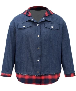 Denim Plaid Patchwork Contrast Hooded Jacket -Clothing Shop 19944919 pn