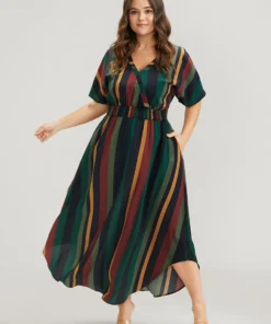 Striped Dolman Sleeve Pocket Shirred Flutter Wrap Dress