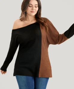 Colorblock Contrast Waffle Knit One Shoulder Long Tee -Clothing Shop 1 82853547 b358 407a 80d7 8637a29eac30
