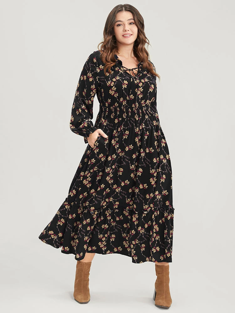 Floral Lantern Sleeve Pocket Tie Neck Shirred Midi Dress 3 Floral Lantern Sleeve Pocket Tie Neck Shirred Midi Dress
