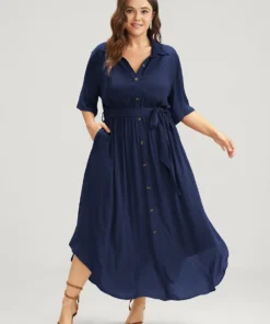 Solid Button Pocket Shirt Collar Belted Maxi Dress -Clothing Shop 1 91237018 6670 42f8 be08 70cef2c7ce4c