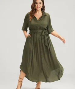 Solid Button Pocket Shirt Collar Belted Maxi Dress