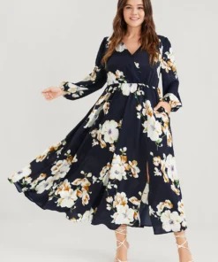 Bloom Dress - Floral Lantern Sleeve Pocket Split Surplice Neck Flutter Maxi Dress