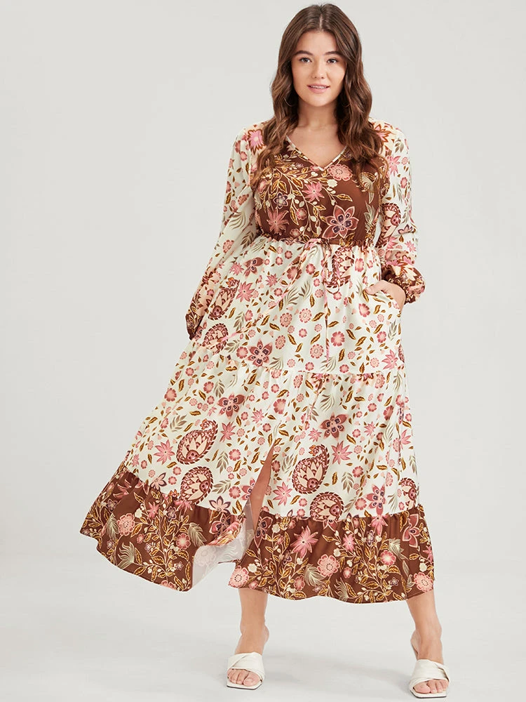 Floral Lantern Sleeve Pocket Split Tie Flutter Midi Dress 5 Floral Lantern Sleeve Pocket Split Tie Flutter Midi Dress - Image 3