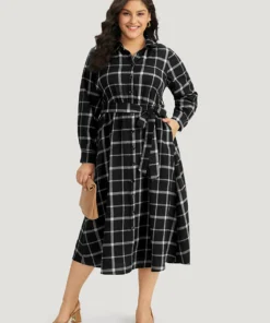 Plaid Shirt Collar Button Fly Belted Dress -Clothing Shop 200071344 fh