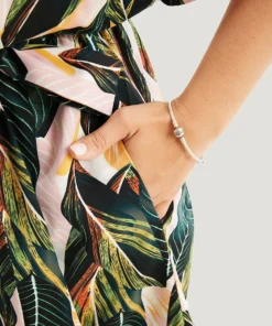 Tropical Print Belt Ruched Sleeve Surplice Neck Jumpsuit -Clothing Shop 200514375 se