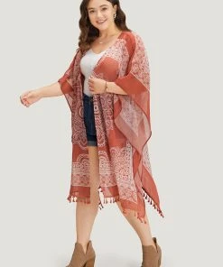 Boho Print Open Front Tassel Trim Batwing Sleeve Kimono -Clothing Shop 201607155 gj 34bf2c36 2239 4519 b34c ddc1761ead6a