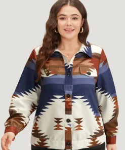 Bandana Geometric Contrast Shirt Collar Shacket -Clothing Shop 201967755 dv