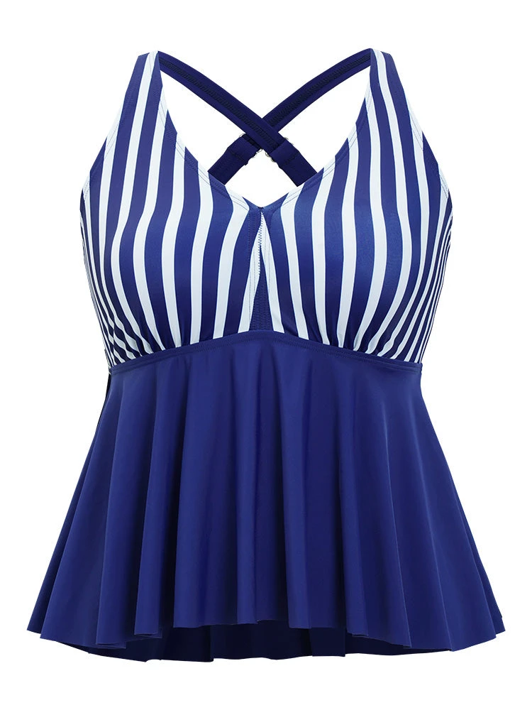 Striped Contrast Crossover Ruffle Hem Tankini Top 12 Striped Contrast Crossover Ruffle Hem Tankini Top - Image 10