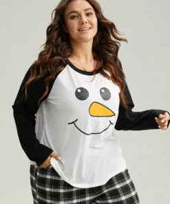 Christmas Snowman Round Neck Raglan Sleeve Sleep Top -Clothing Shop 202686660 gi