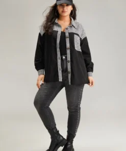 Houndstooth Patchwork Pocket Button Through Corduroy Coat -Clothing Shop 20305837 nk 9981ab94 01ae 4664 a029 2334dc6b6dff