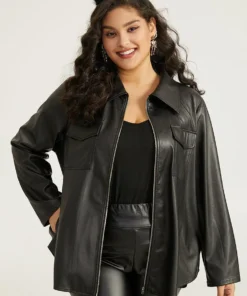 Plain PU Leather Knot Pocket Zipper Belted Jacket -Clothing Shop 203176551 qf