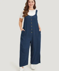 Striped Pocket Button Through Overall Jumpsuit -Clothing Shop 203186737 vg