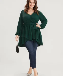 Solid Surplice Neck Belted Asymmetrical Hem Blouse 12 Solid Surplice Neck Belted Asymmetrical Hem Blouse -Clothing Shop 203276748 rn