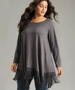 Solid Tassels Trim Pocket Asymmetrical Hem T-shirt 21 Solid Tassels Trim Pocket Asymmetrical Hem T-shirt -Clothing Shop 203682762 kn 075905e4 0a5c 42ba 8483 14be439dfd94