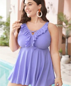 Ruffle Trim Crisscross V Neck Tankini Top -Clothing Shop 203792664 yg