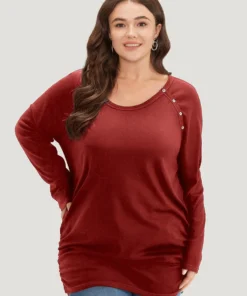 Plain Gathered Button Detail T-shirt -Clothing Shop 204017434 tw