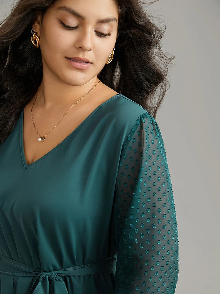 Static-Free Plain Patchwork Mesh Texture Ties Blouse 6 Static-Free Plain Patchwork Mesh Texture Ties Blouse - Image 4