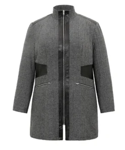 Padded Patchwork PU Leather Zipper Coat -Clothing Shop 204665140 xr