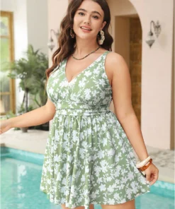 Floral Print V Neck Ruffle Hem Ruched Detail Swim Dress -Clothing Shop 204746778 uk
