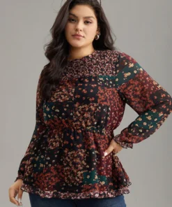 Ditsy Floral Shirred Patchwork Frill Trim Gathered Blouse -Clothing Shop 204786374 nc