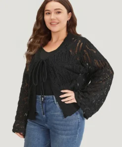 Hollow Out Bell Sleeve Tie Front Cardigan -Clothing Shop 205062970 lb 9a02004d 0d5a 4c99 a970 781b59031353