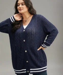 Cable Knit Striped Patchwork Button Through Cardigan -Clothing Shop 205211177 yy